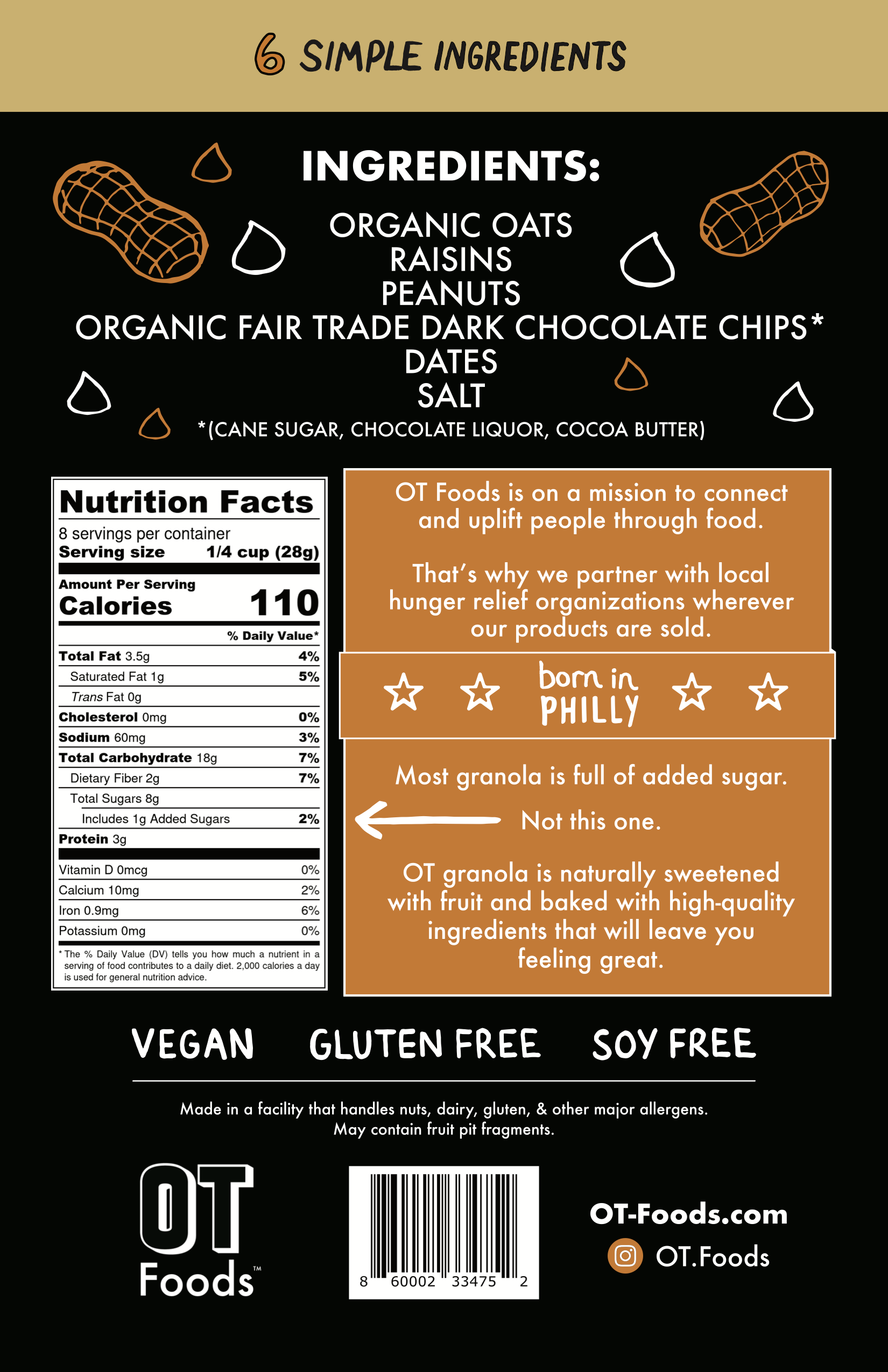 Back label for bag of peanut chocolate chip OT granola.